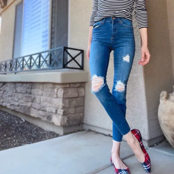MARINE LAYER Distressed Ripped Medium Wash Stretch Denim High-Rise Skinny Jeans