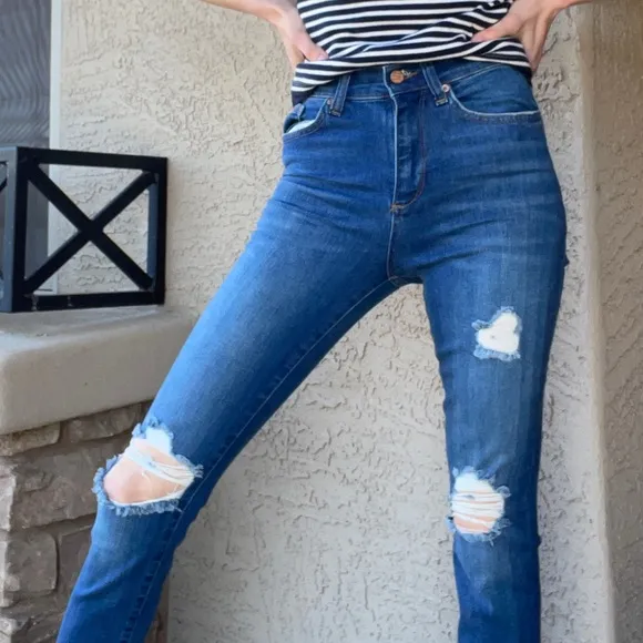 MARINE LAYER Distressed Ripped Medium Wash Stretch Denim High-Rise Skinny Jeans