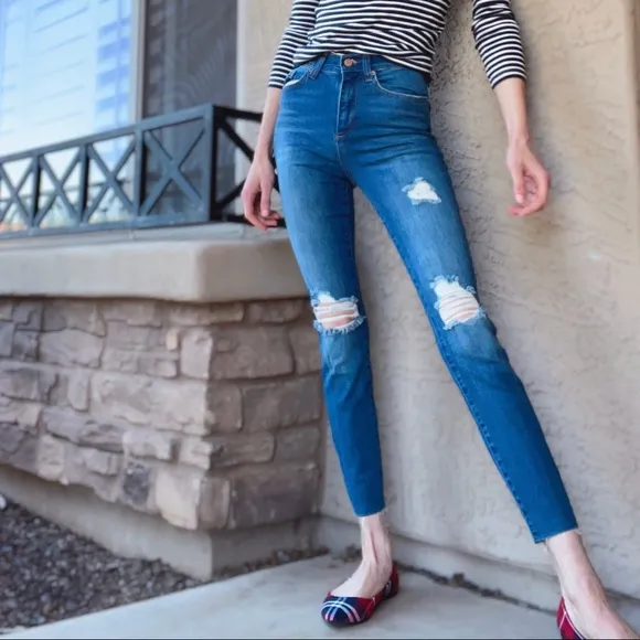 MARINE LAYER Distressed Ripped Medium Wash Stretch Denim High-Rise Skinny Jeans