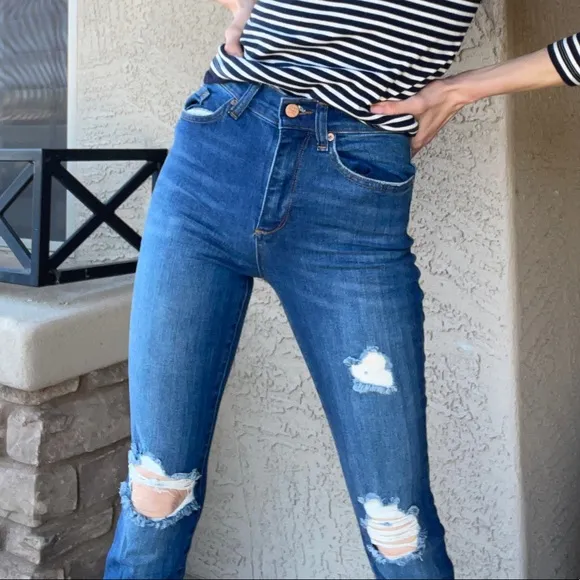 MARINE LAYER Distressed Ripped Medium Wash Stretch Denim High-Rise Skinny Jeans