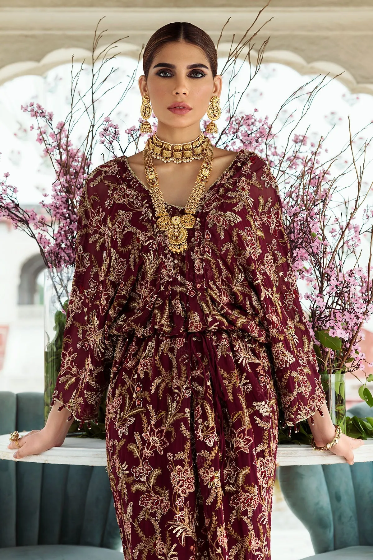 Maroon Embroidered Chiffon Pakistani Long Shirt Eid Dress