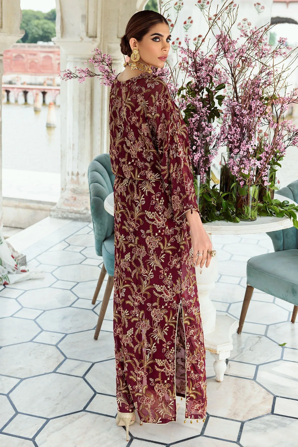 Maroon Embroidered Chiffon Pakistani Long Shirt Eid Dress