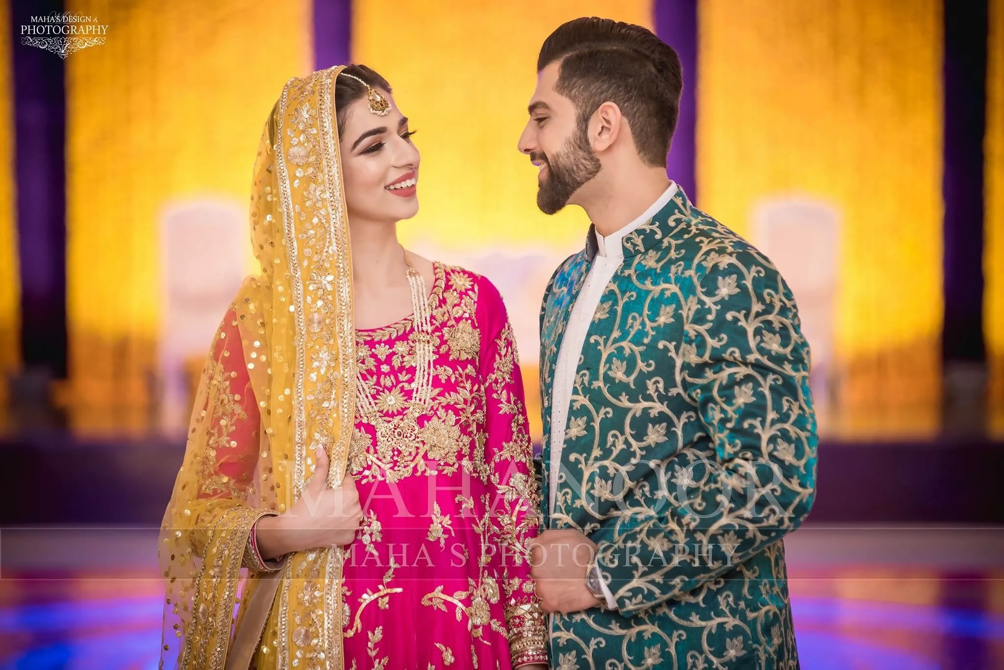 Mehndi Dress Pakistani in Shokin Pink,Orange,& Yellow Color Model# M 1659