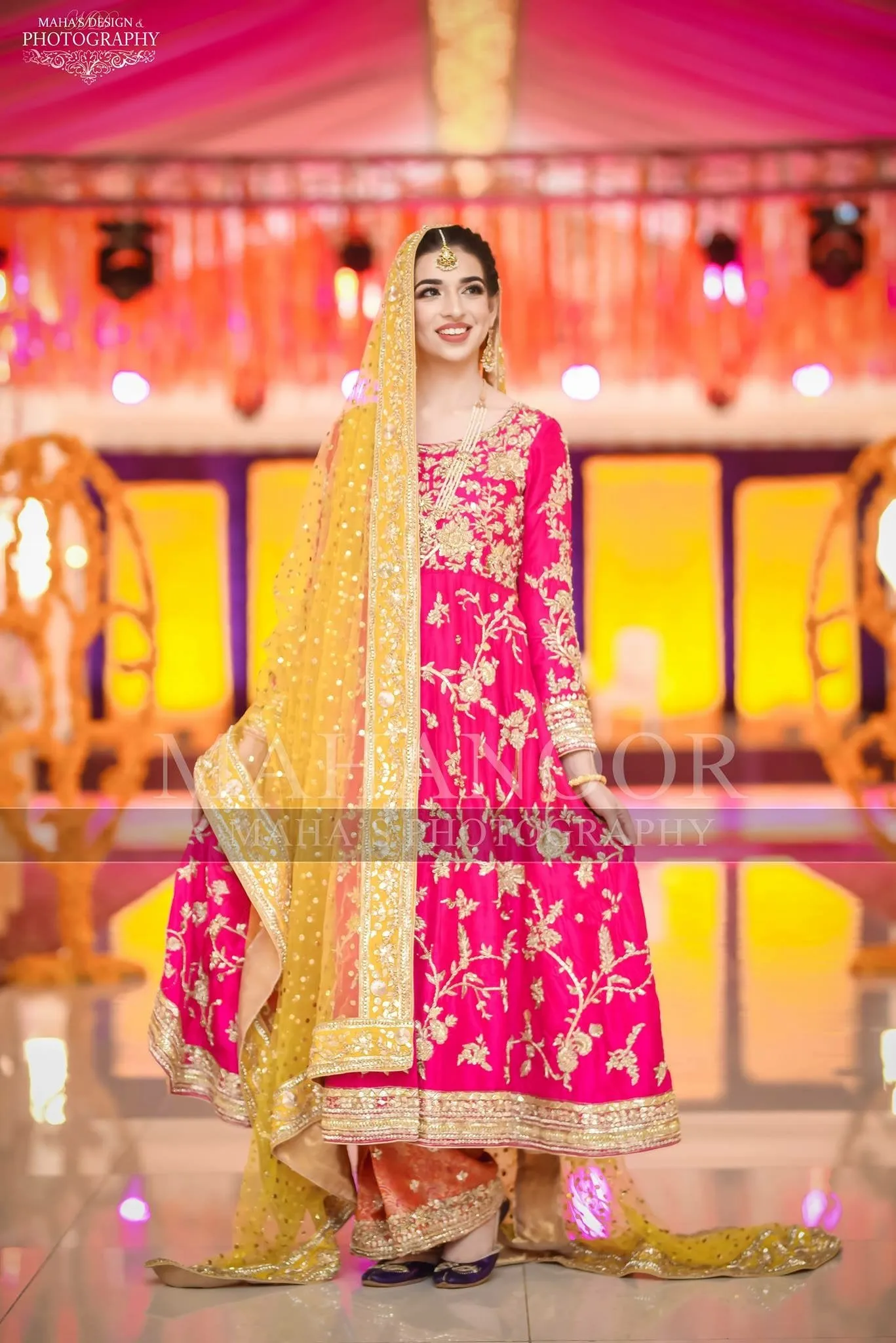 Mehndi Dress Pakistani in Shokin Pink,Orange,& Yellow Color Model# M 1659
