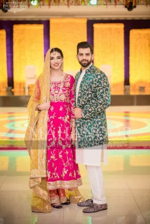 Mehndi Dress Pakistani in Shokin Pink,Orange,& Yellow Color Model# M 1659