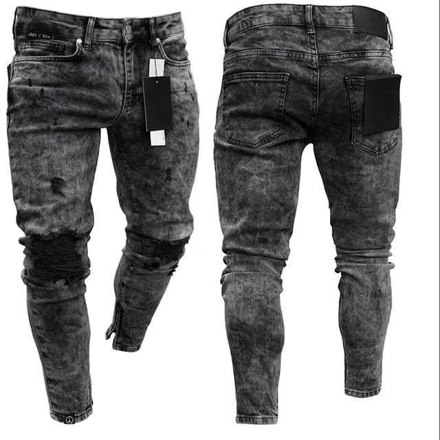 Men's Jeans Skinny Hip Hop Cool Streetwear Biker Embroidery Patch Hole Ripped Zipper Jeans Slim Mens Clothes Pencil Homme Jeans