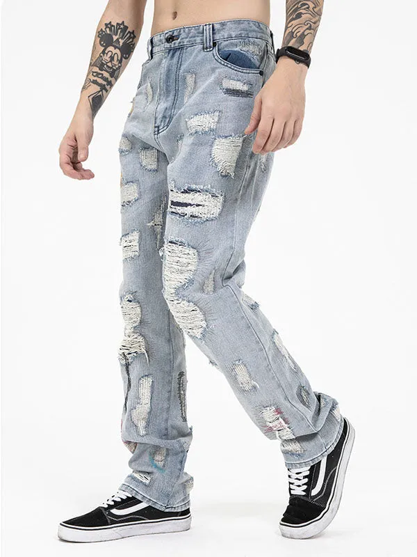 Men's Letter Embroidery Ripped Jeans