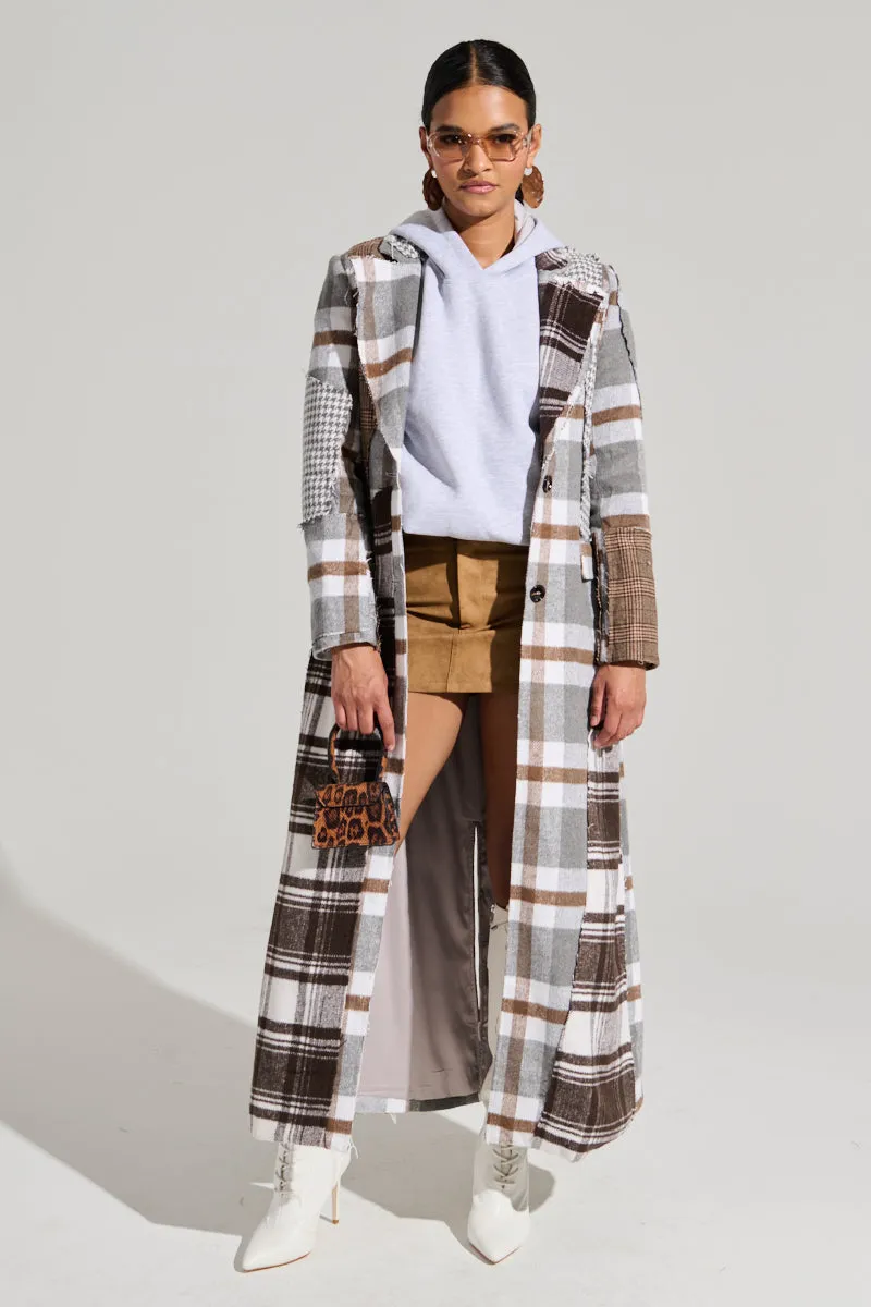 MIXED PLAID NOT FEELINGS PATCHWORK TRENCH