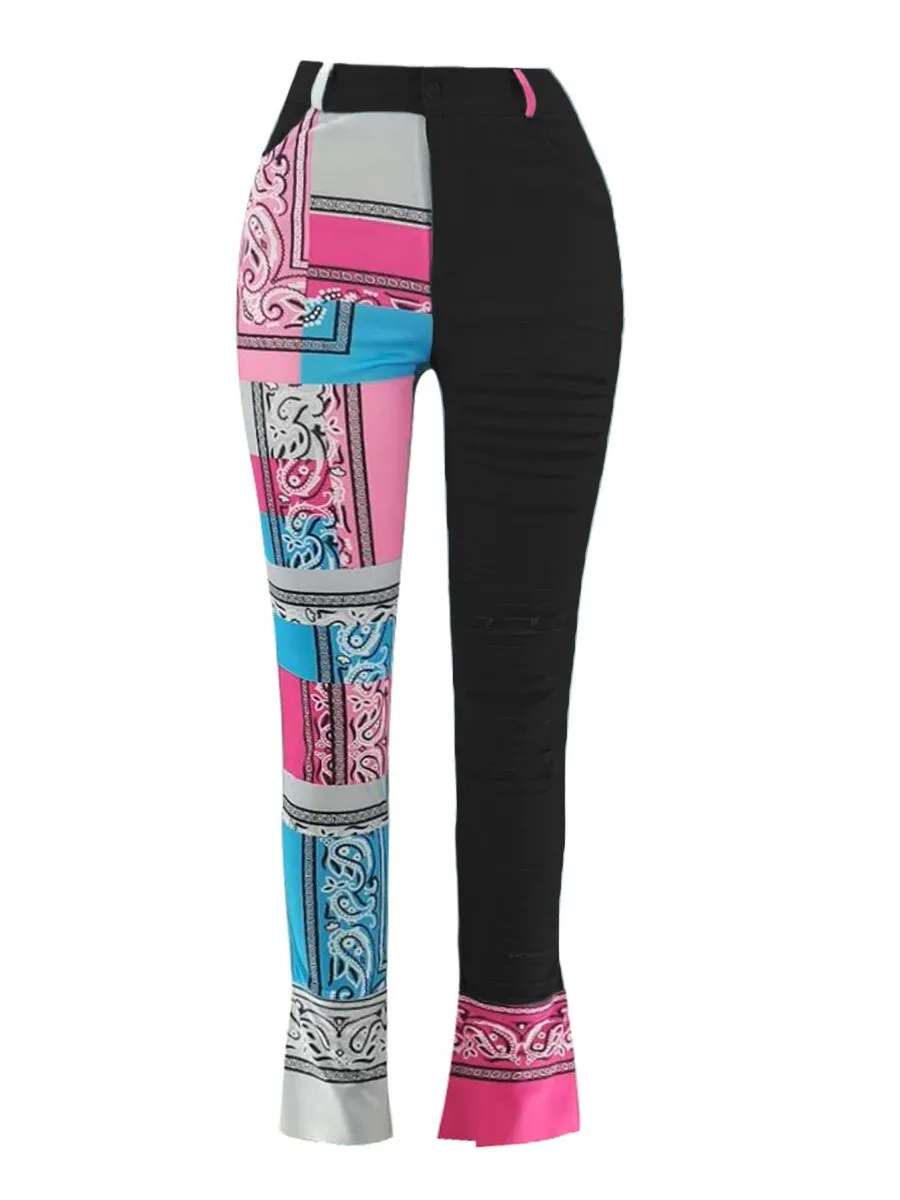 Mixed Print High Waist Ripped Skinny Jeans