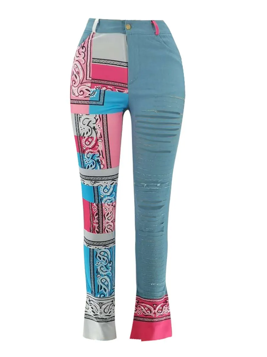 Mixed Print High Waist Ripped Skinny Jeans