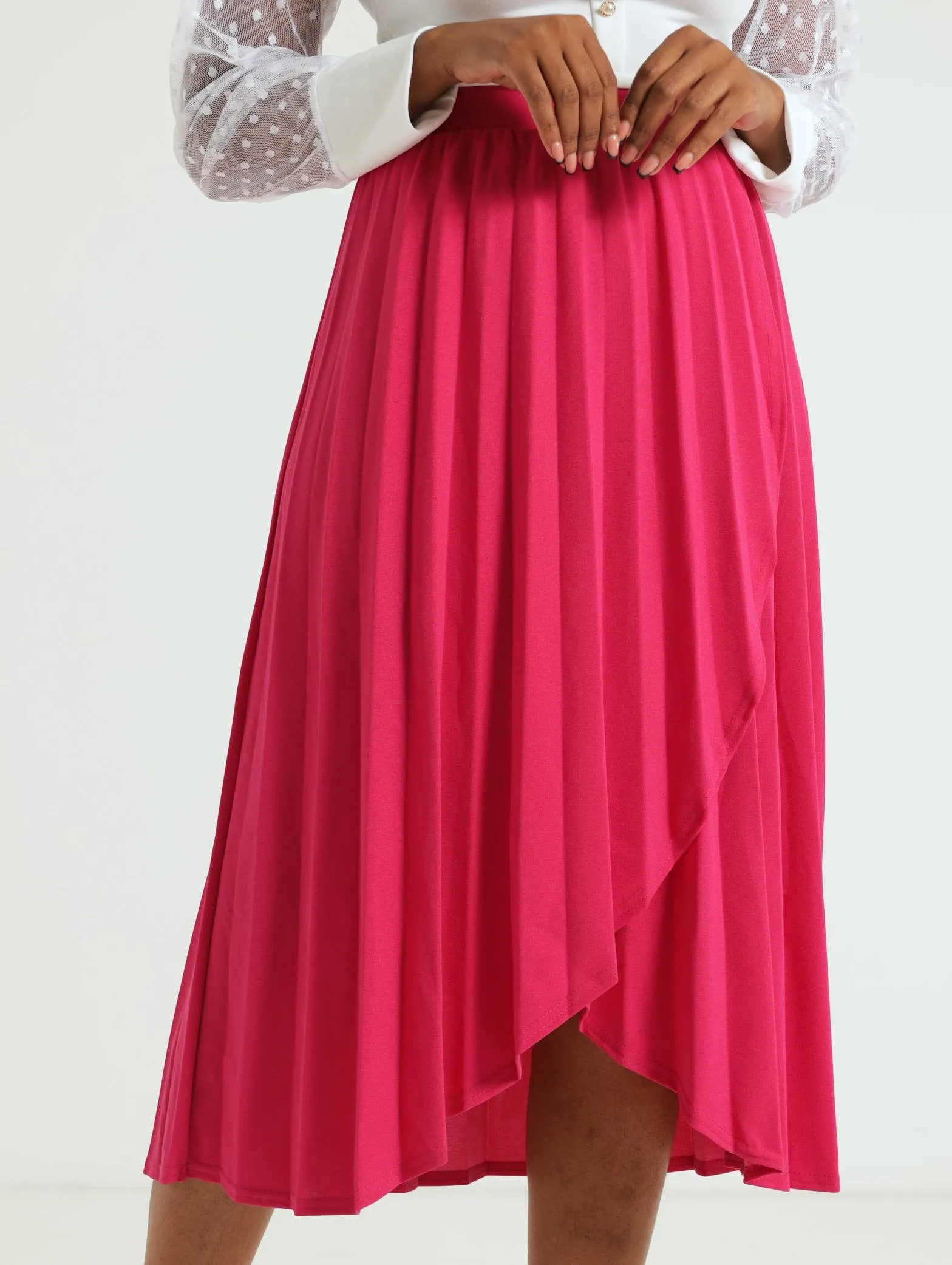 Mock Wrap Pleated Midi Skirt - Pink