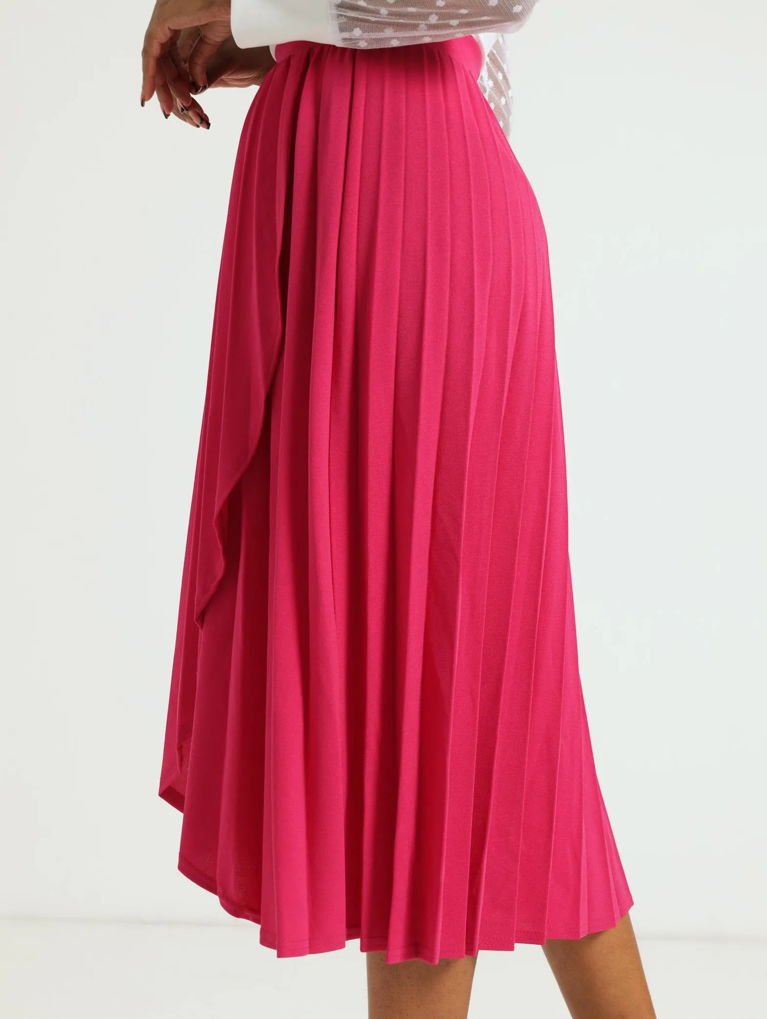 Mock Wrap Pleated Midi Skirt - Pink