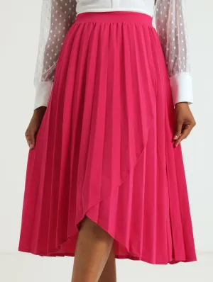Mock Wrap Pleated Midi Skirt - Pink