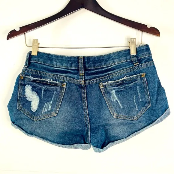 moschino distressed dark wash blue jeans micro shorts
