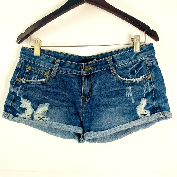 moschino distressed dark wash blue jeans micro shorts
