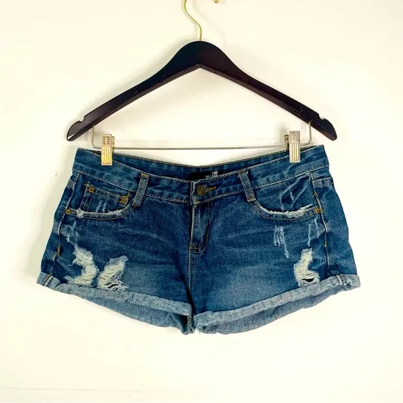 moschino distressed dark wash blue jeans micro shorts