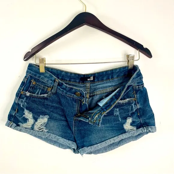 moschino distressed dark wash blue jeans micro shorts