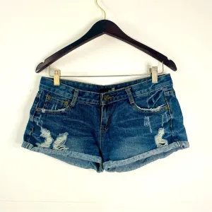 moschino distressed dark wash blue jeans micro shorts