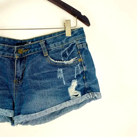 moschino distressed dark wash blue jeans micro shorts