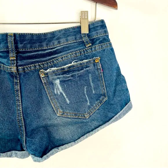 moschino distressed dark wash blue jeans micro shorts