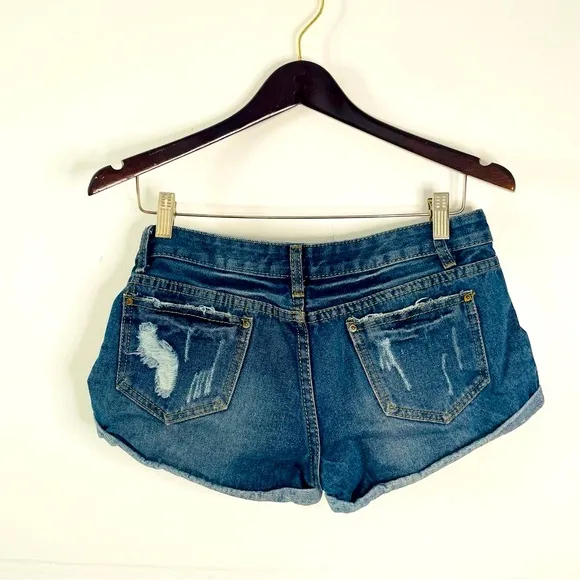 moschino distressed dark wash blue jeans micro shorts