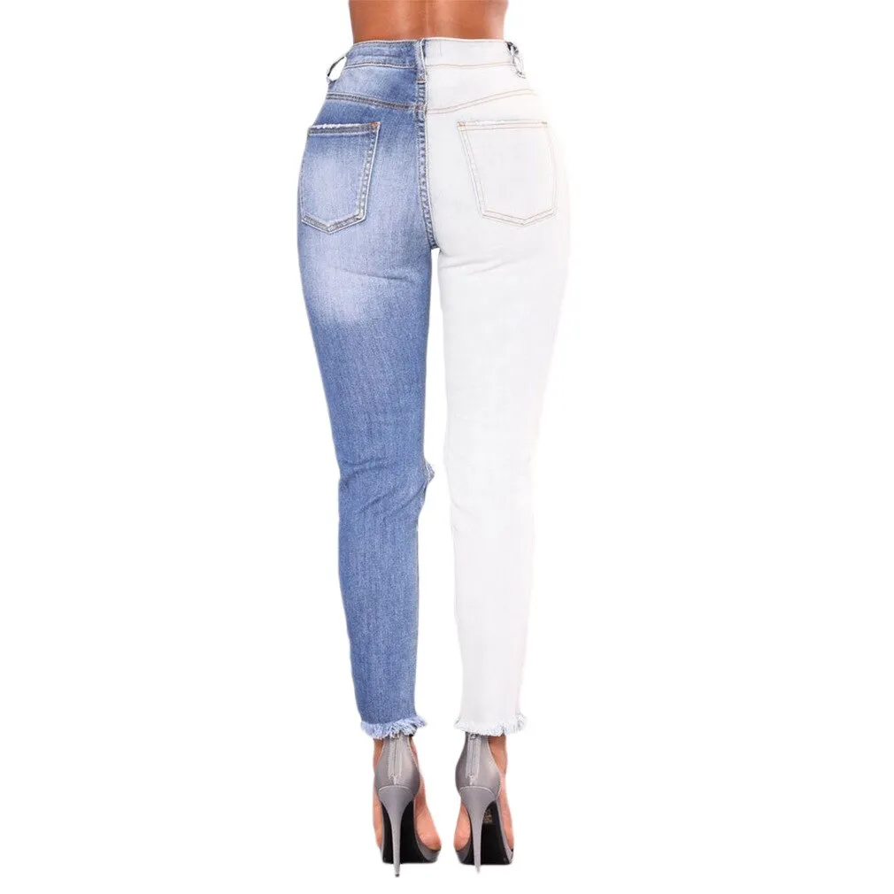New High Waist Two tone Jeans Ripped Knee Hole Stretchy Denim Jeans