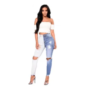 New High Waist Two tone Jeans Ripped Knee Hole Stretchy Denim Jeans