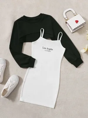 New SHEIN Girls Super Crop Top & Letter Graphic Cami Dress Set, Sz 7 Years!