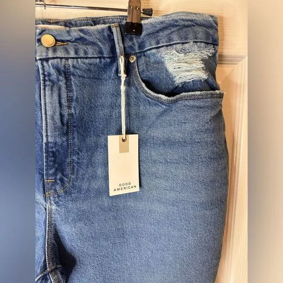 NEW 14/32 Good American 28” Long Distressed Ankle Jeans Med Wash High Rise