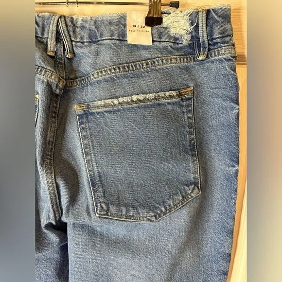 NEW 14/32 Good American 28” Long Distressed Ankle Jeans Med Wash High Rise