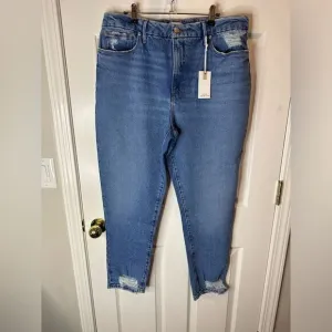 NEW 14/32 Good American 28” Long Distressed Ankle Jeans Med Wash High Rise