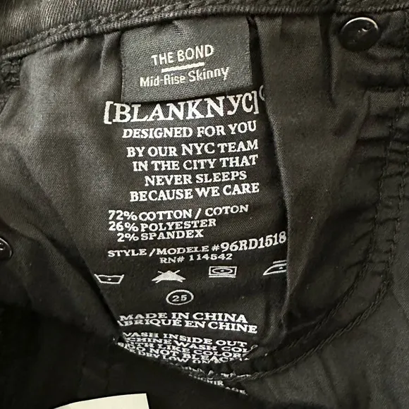NWT Blank NYC Black Mid-Rise Skinny Cotton Blend Denim Jeans Size 25