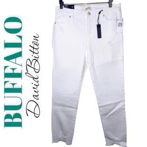 NWT BUFFALO DAVID BITTON Faith White Mid Rise Skinny Jeans Frayed Hem, Size 29