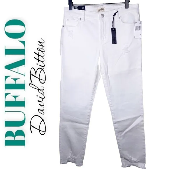 NWT BUFFALO DAVID BITTON Faith White Mid Rise Skinny Jeans Frayed Hem, Size 29