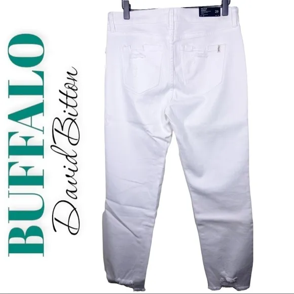 NWT BUFFALO DAVID BITTON Faith White Mid Rise Skinny Jeans Frayed Hem, Size 29
