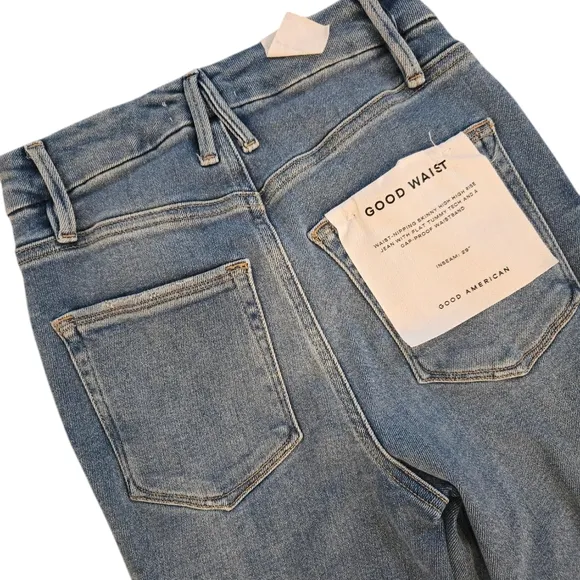 NWT Good American Good Waist Skinny High Rise Distressed Knee Raw Hew Jeans