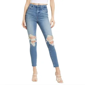 NWT Good American Good Waist Skinny High Rise Distressed Knee Raw Hew Jeans