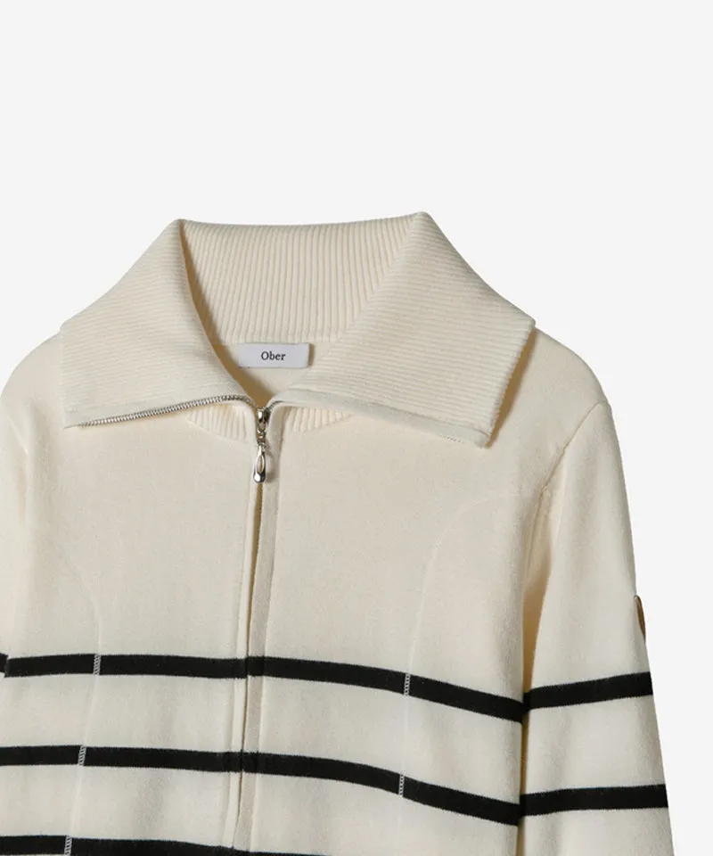 OBER Golf Striped Knit Zip-Up Cardigan - Light Beige