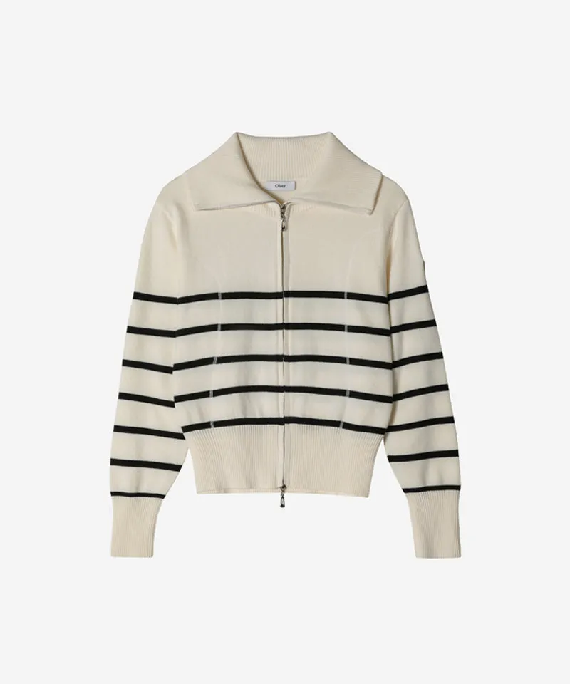 OBER Golf Striped Knit Zip-Up Cardigan - Light Beige