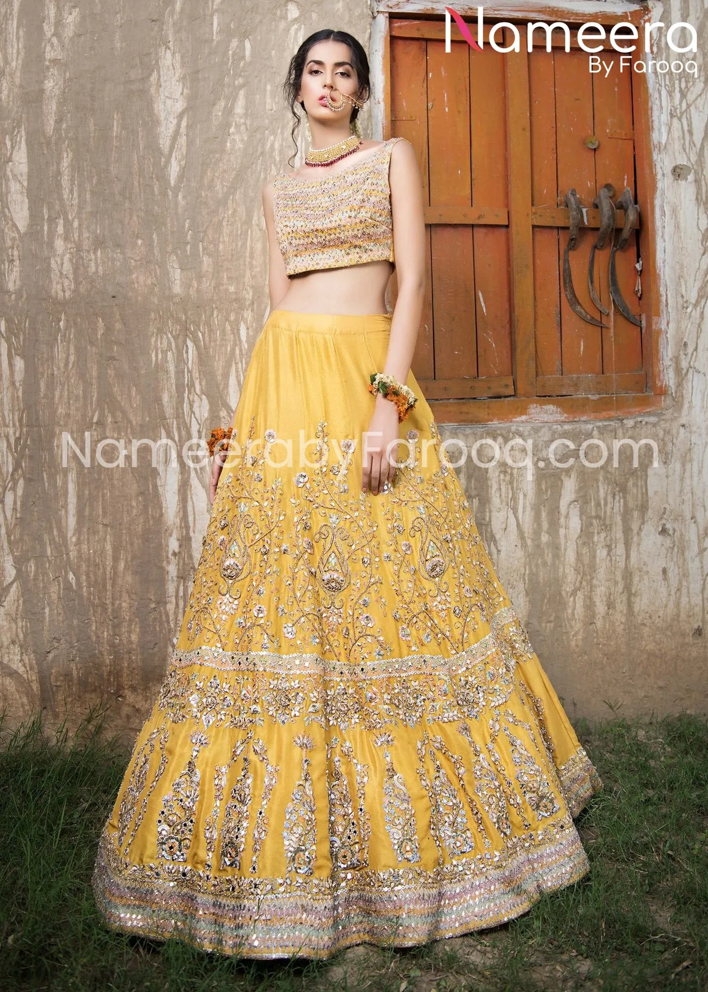 Pakistani Embroidered Yellow Short Choli Lehenga #BN198