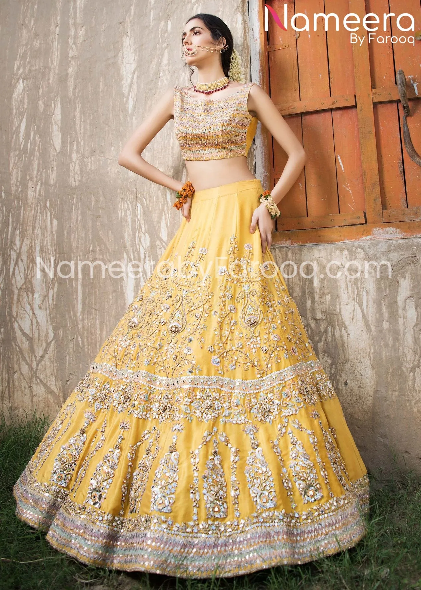 Pakistani Embroidered Yellow Short Choli Lehenga #BN198