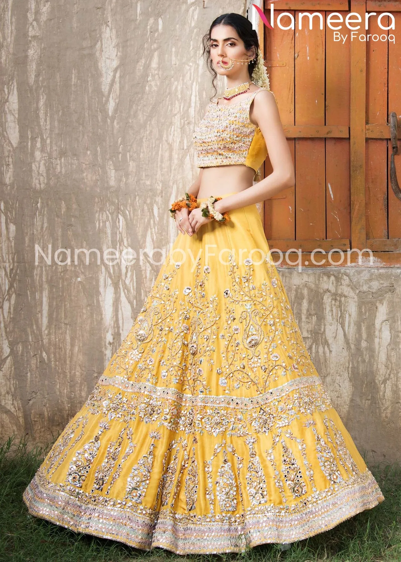 Pakistani Embroidered Yellow Short Choli Lehenga #BN198