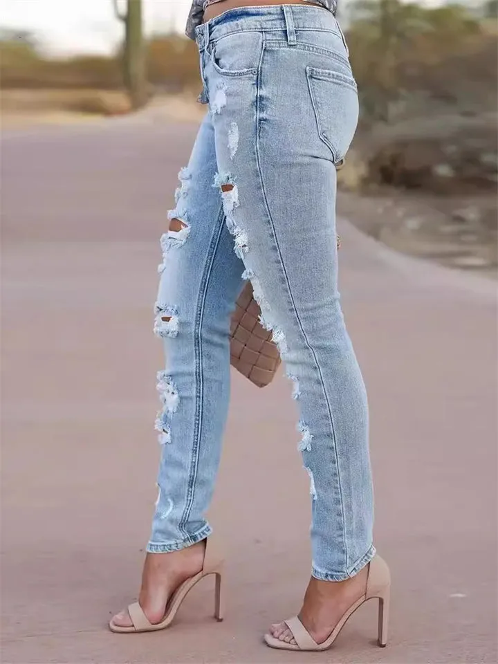 Personality Slim Fit Ripped Light Blue Jeans for Ladies