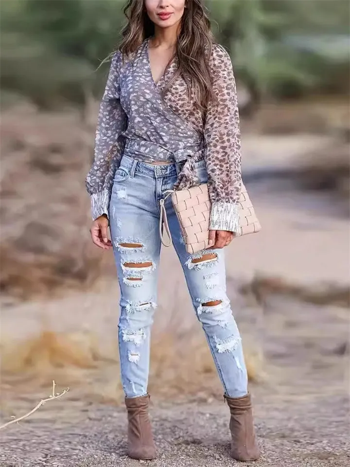 Personality Slim Fit Ripped Light Blue Jeans for Ladies