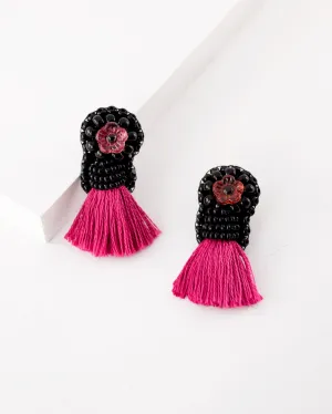 Pink black beaded tassel earrings | flower stud earrings