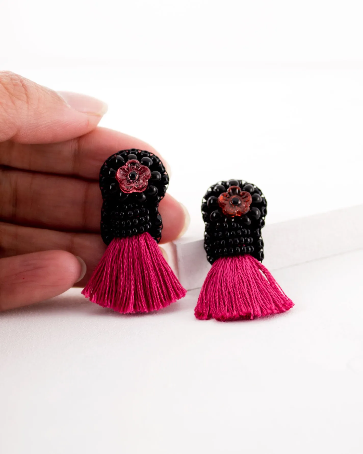 Pink black beaded tassel earrings | flower stud earrings
