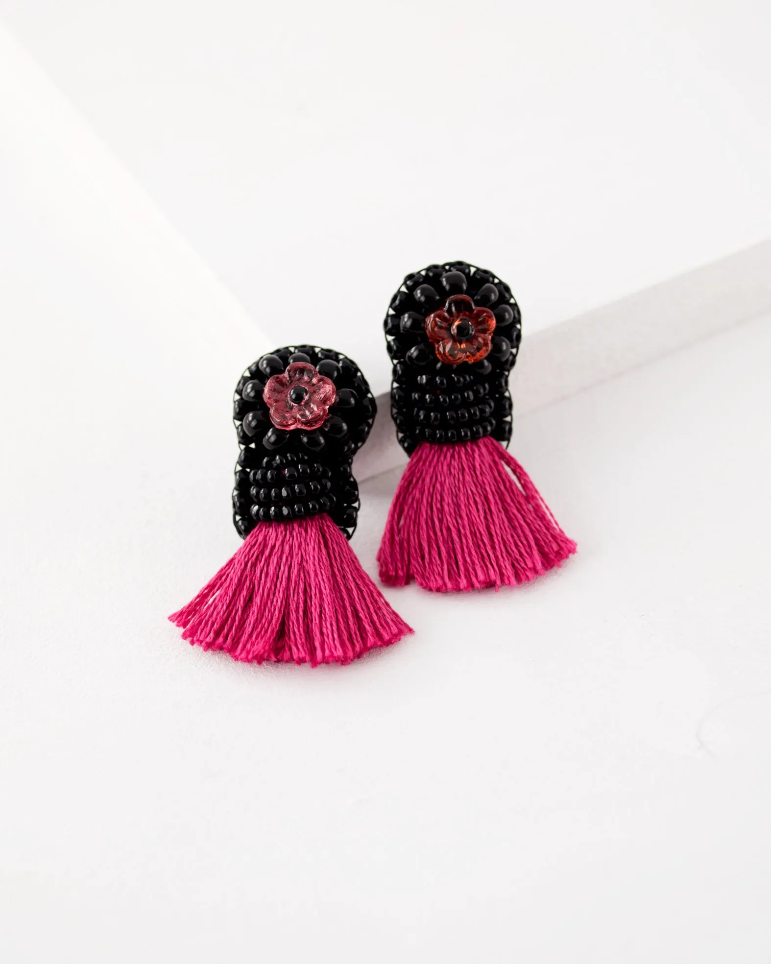 Pink black beaded tassel earrings | flower stud earrings