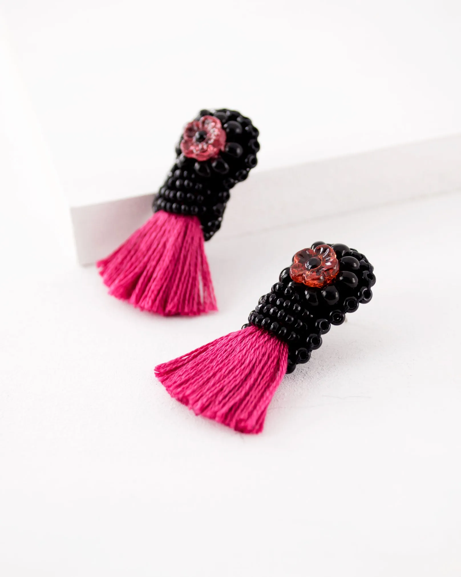 Pink black beaded tassel earrings | flower stud earrings