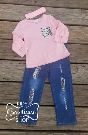 Pink Ruffle Sleeve Tee with Denim Pants