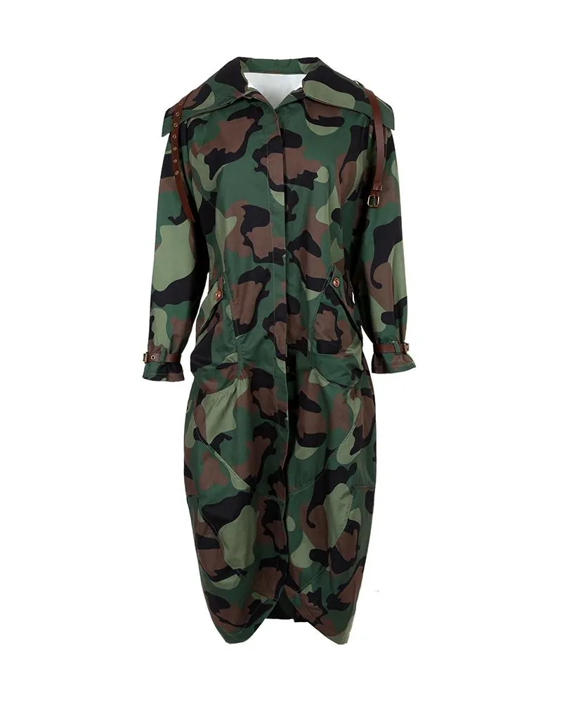 Plaid Print Button Front Longline Cargo Trench Coat